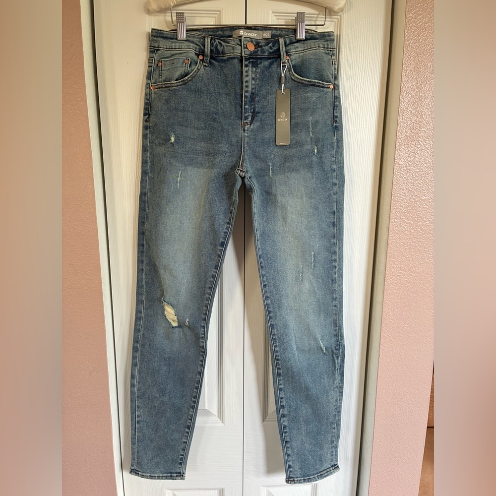Tractr NEW Blue Mid Rise Straight Leg Jeans with Distressed Design Size 8